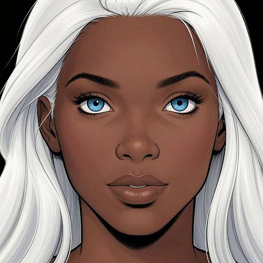 Digital portrait of a dark-skinned woman with striking blue eyes and long white hair, featuring a realistic, detailed style.