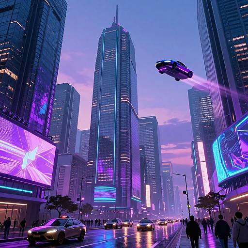Digital artwork of a futuristic cityscape at dusk, featuring towering skyscrapers with neon lights, a hovering car, and a bustling street with cars and