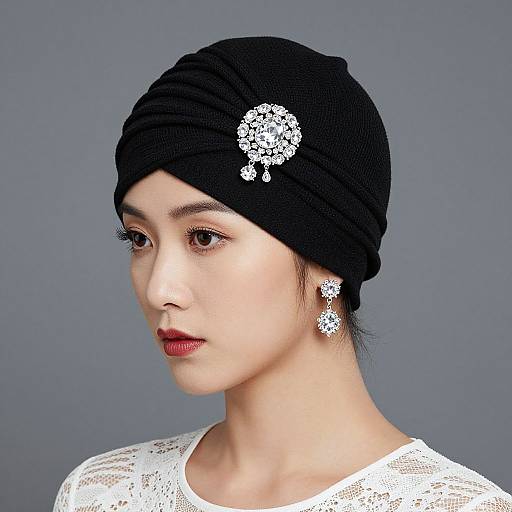 Photograph of an East Asian woman with fair skin, wearing a black headscarf adorned with a white floral brooch, white lace top, and