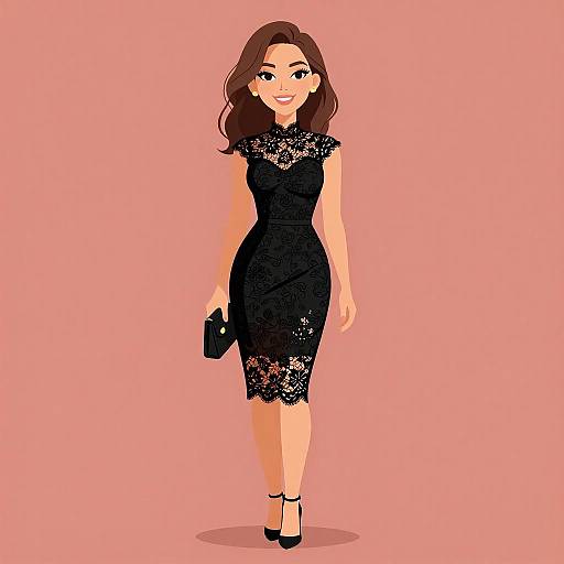 Digital illustration of a smiling woman with wavy brown hair, wearing a black lace knee-length dress and black high heels, holding a black clutch, against