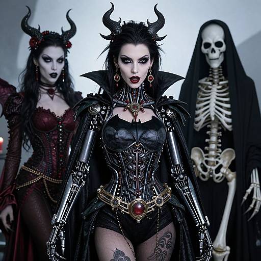 Photograph of three gothic figures: central black-armored woman with horns, red gem, black lingerie; left woman in dark red corset;