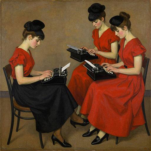 Three Victorian women in red dresses and black hats, seated with black typewriters, typing in an early 20th-century painting style.