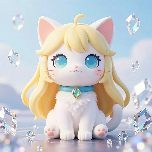 Digital art of a cute, white, cartoon cat with large blue eyes, blonde hair, and a blue collar with a green gem, surrounded by sparkling