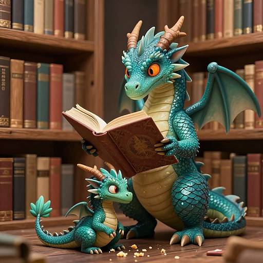 CGI image of two blue dragon siblings with orange eyes, reading a large book in a wooden library filled with colorful books.