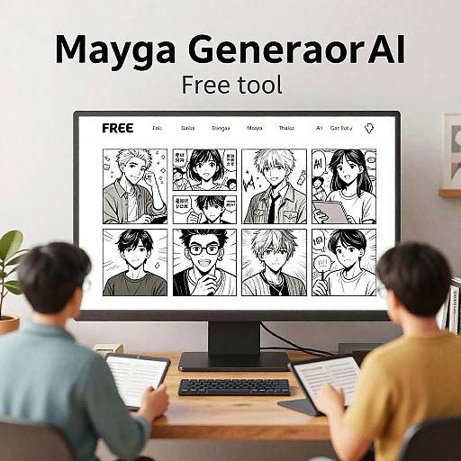 Photograph of two men at a desk, viewing a computer screen displaying a free 