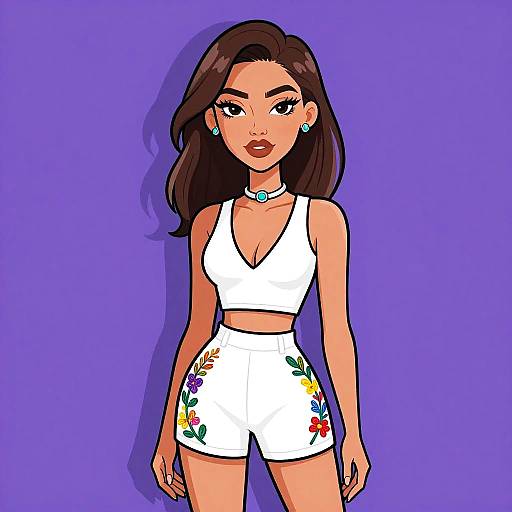 Digital illustration of a confident woman with medium skin, brown hair, wearing a white crop top and high-waisted floral shorts against a purple background.
