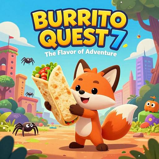 Bright cartoon image of an excited orange fox holding a burrito, with colorful cityscape, trees, and animals in the background. Text: 