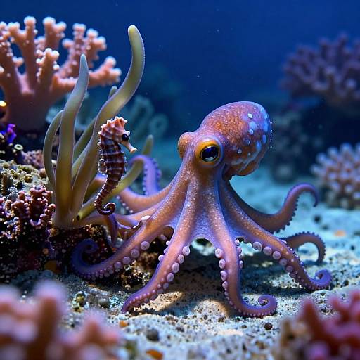 Photograph of a vibrant pink octopus with yellow eyes, standing on a colorful coral reef, accompanied by a small orange-striped sea urchin,