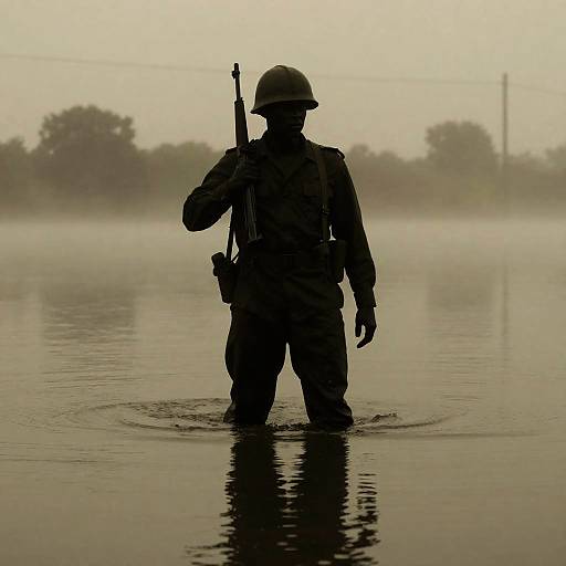 Silhouetted Soldier in Flooded Landscape