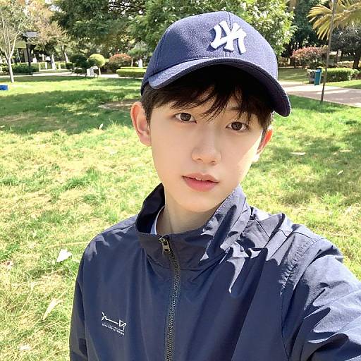 Photograph of an Asian young man with fair skin, black cap with 