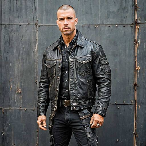 Man in Black Leather Jacket and Cargo Pants