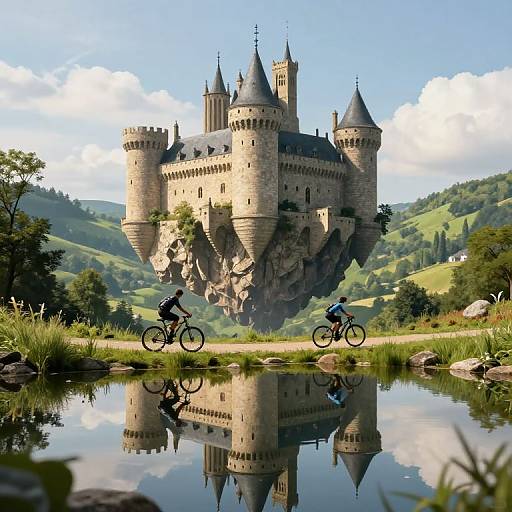Photorealistic digital art of two cyclists approaching a floating, medieval stone castle reflected in a calm, grassy lake. Clear blue sky, lush green