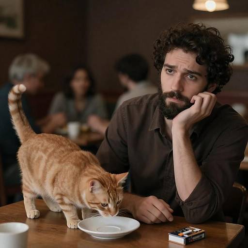Confused Man with Cat at Cafe