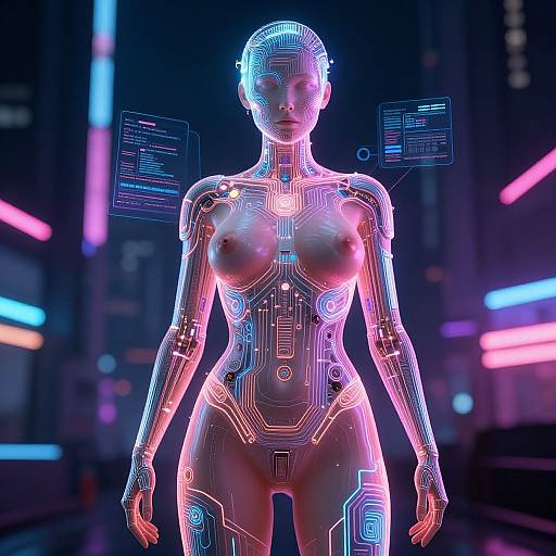 Neon-lit CGI of a cybernetic woman with glowing circuitry, exposed breasts, and futuristic interface in a dark, neon-lit urban