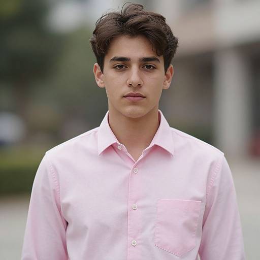 Photograph of a young man with dark hair, light skin, and brown eyes, wearing a pink button-up shirt, standing outdoors with a blurred background