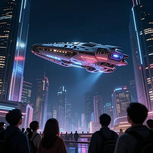 Neon-lit sci-fi cityscape at night with a glowing, futuristic flying saucer hovering above, viewed by a crowd of silhouetted