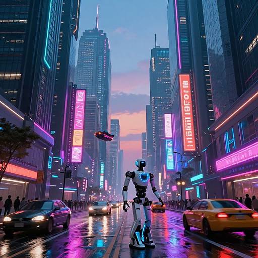 Neon-lit cyberpunk street scene: futuristic robot stands in the center of a busy, wet city street with towering skyscrapers, colorful neon