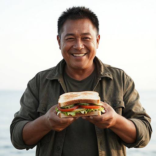 Smiling Asian man with short black hair, wearing a green jacket, holding a sandwich with lettuce, tomato, and cheese, against a bright white background