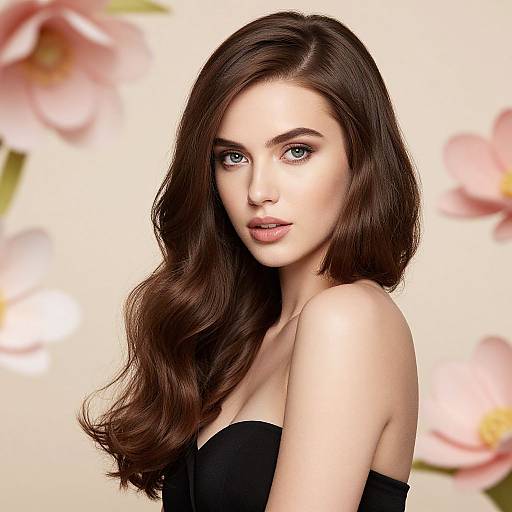 Photorealistic digital portrait of a beautiful young woman with long, wavy brown hair, blue eyes, and fair skin, wearing a strapless black