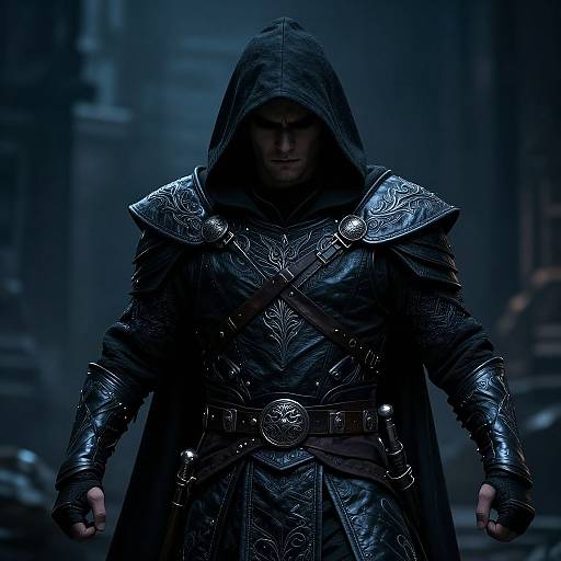 Mysterious, hooded figure in dark, ornate armor with intricate silver patterns, standing in a foggy, blue-lit urban alleyway.