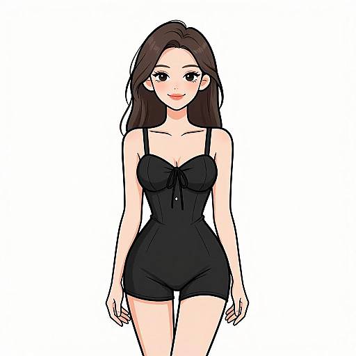 Digital anime-style drawing of a smiling woman with long brown hair, wearing a black strapless romper, standing against a plain white background.