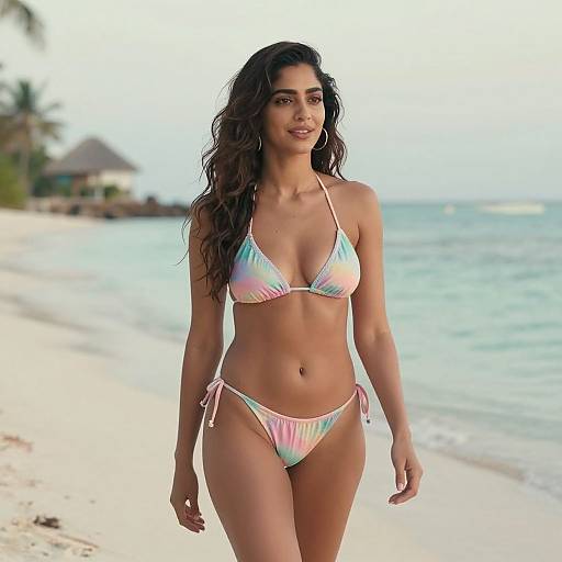 Photograph of a beautiful, tan-skinned woman with long, wavy brown hair, wearing a pastel rainbow bikini, walking on a pristine,