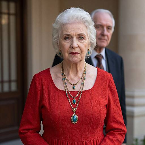 Photograph of an elderly white woman with white hair in a red dress and multiple turquoise jewelry pieces, standing in front of an older white man in a
