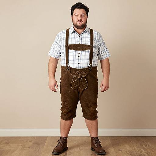 Photograph of a bearded man with short dark hair, wearing a checkered shirt, brown suspenders, knee-length shorts, and brown boots,