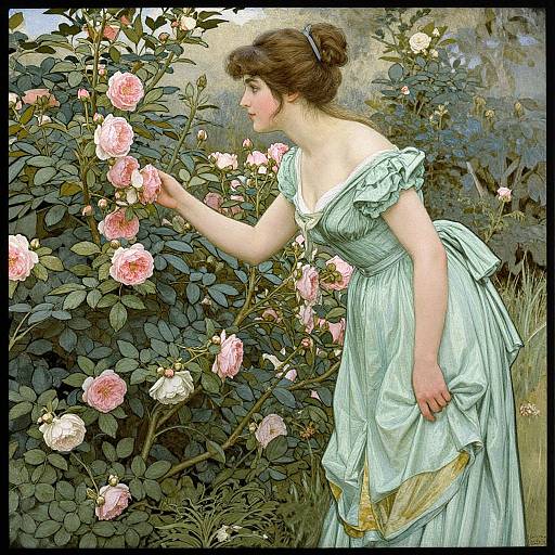 Victorian-style painting of a fair-skinned woman with brown hair in a green dress, gently touching pink roses in a lush garden.