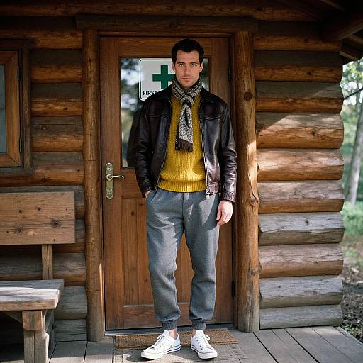Photograph of a man standing in front of a wooden log cabin door, wearing a yellow sweater, black leather jacket, gray pants, scarf, and