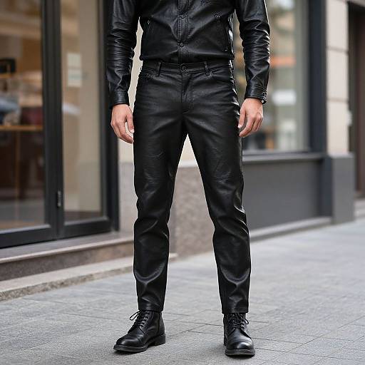 Photograph of a man in black leather jacket, pants, and boots, standing on a city sidewalk in front of glass storefronts.