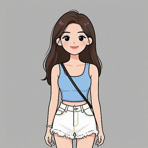 Digital anime-style drawing of a smiling young woman with long brown hair, wearing a blue tank top, white frayed denim shorts, and a black shoulder