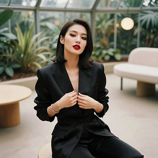 Photograph of a confident, dark-haired woman in a black blazer, seated in a modern, glass-enclosed greenhouse with lush plants and soft