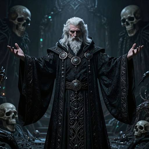 Digital artwork of a white-bearded, dark-robed wizard with outstretched arms, surrounded by skeletal figures in a dark, eerie, gothic