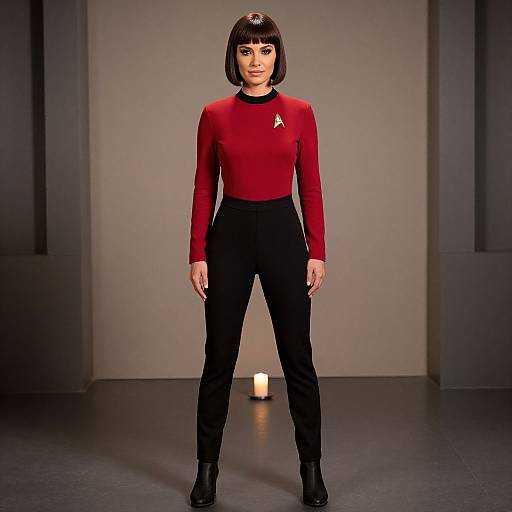 Photograph of a woman with a short black bob, wearing a red Starfleet turtleneck and black pants, standing in front of a gray backdrop
