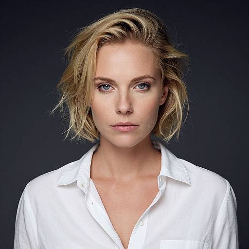 Photograph of a serious-looking blonde woman with blue eyes, short messy hair, wearing a white button-down shirt against a dark background.
