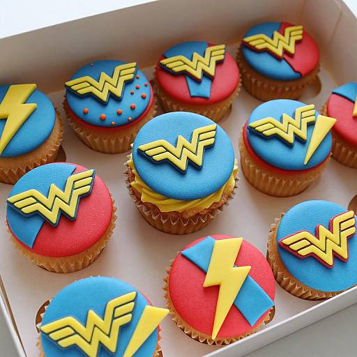Photograph of nine colorful cupcakes with blue and red frosting, each topped with a yellow lightning bolt and 