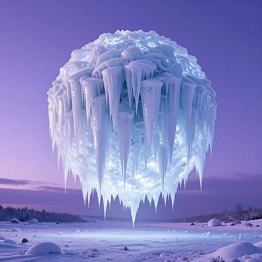 Photograph of a glowing, icicle-covered ice sphere hanging above a frozen landscape at twilight, with a purple and blue sky.