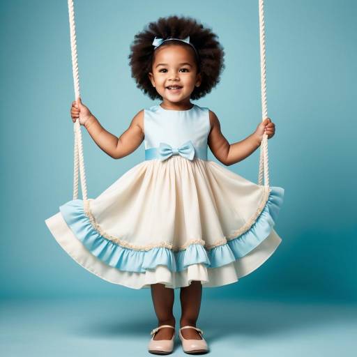 Smiling Toddler Girl in Blue and White Dress on Swing