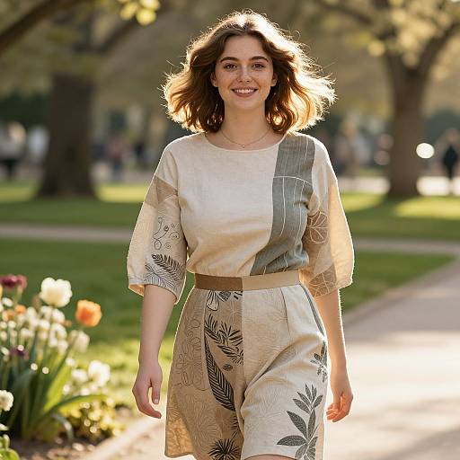 Photograph of a smiling woman with shoulder-length brown hair, wearing a beige, patterned dress with a brown belt, standing in a sunlit park