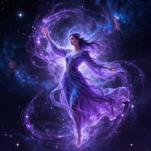 Digital artwork of a glowing, ethereal woman in a flowing, purple dress, floating in space with cosmic swirls and stars around her.