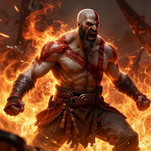 Digital art of a muscular bald, bearded warrior with blood-red scars, surrounded by fiery flames, wearing a leather loincloth with metal accents,