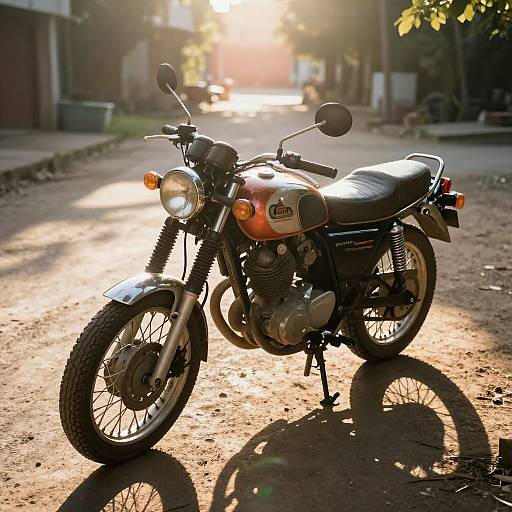Photograph of a vintage Yamaha motorcycle with a shiny silver and orange fuel tank, parked on a sunlit, dusty street, casting a shadow. Background