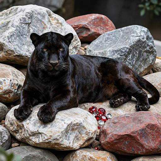 Sleek Black Panther Among Gemstone Rocks