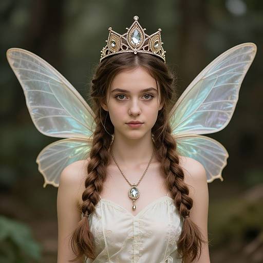 Photograph of a young fair-skinned woman with long braided brown hair, wearing a gold tiara, translucent fairy wings, and a white lace