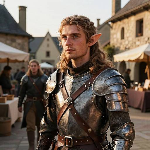 Photograph of a young, long-haired elf with pointed ears, wearing medieval silver armor, standing in a sunlit, medieval village street.