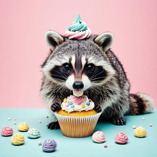 Cupcake-Eating Raccoon with Frosting Hat