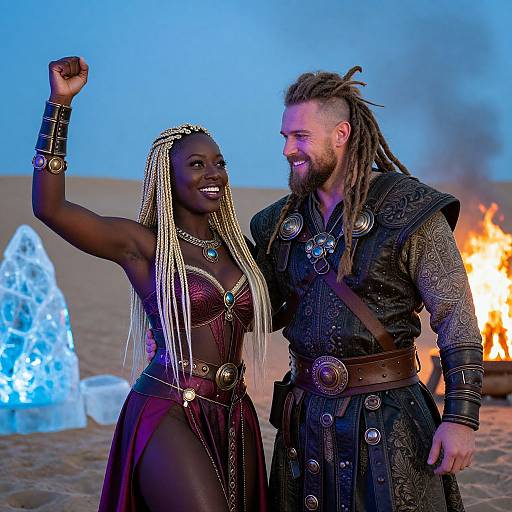 Photograph of a smiling Black woman with braided hair in a maroon dress, and a bearded white man with dreadlocks in armor, celebrating