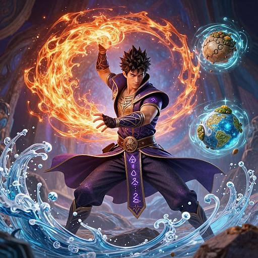 Digital art of a muscular, dark-haired anime warrior conjuring fire and water orbs, wearing black armor with purple accents, in a mystical, cave-like