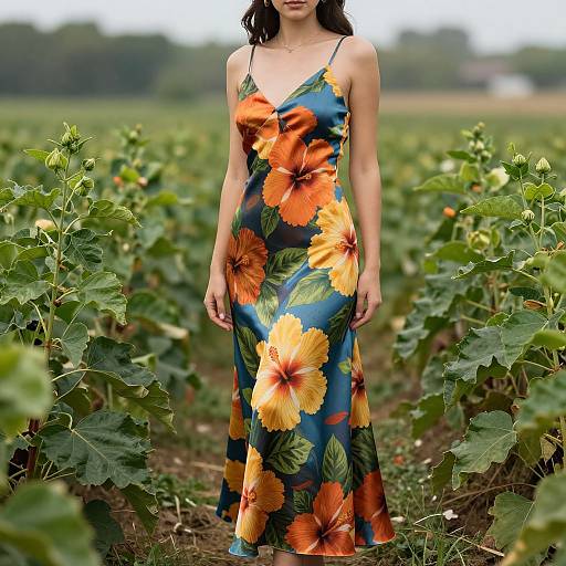 Photograph of a woman in a blue, orange hibiscus-patterned dress standing in a lush, green field of tall plants.